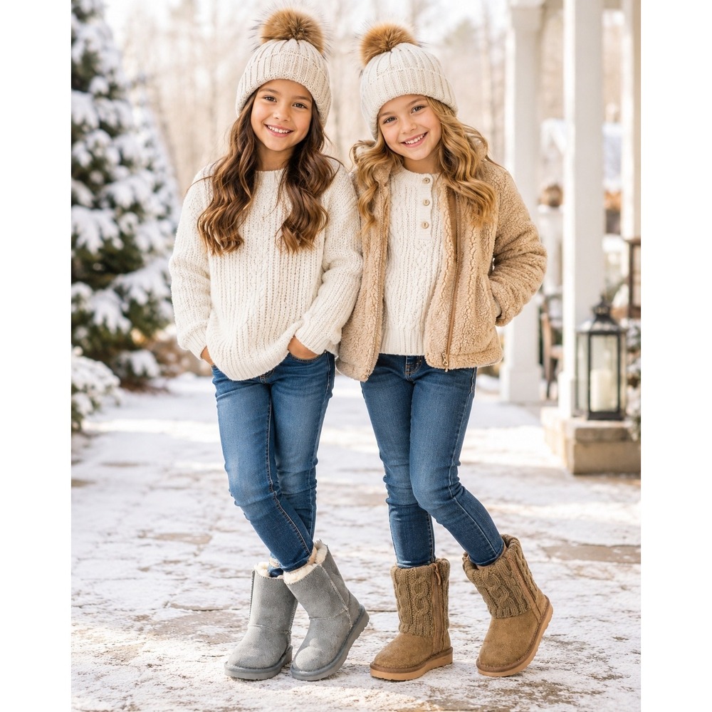 Livboots Kids Winter Boots Grey Brown Faux Shearling Cable Knit S